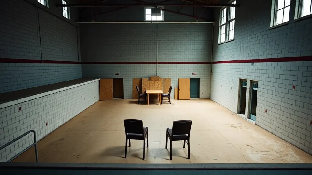The drained tiled pool at Stannerbridge Baths, boarded over and set up as a rehearsal room