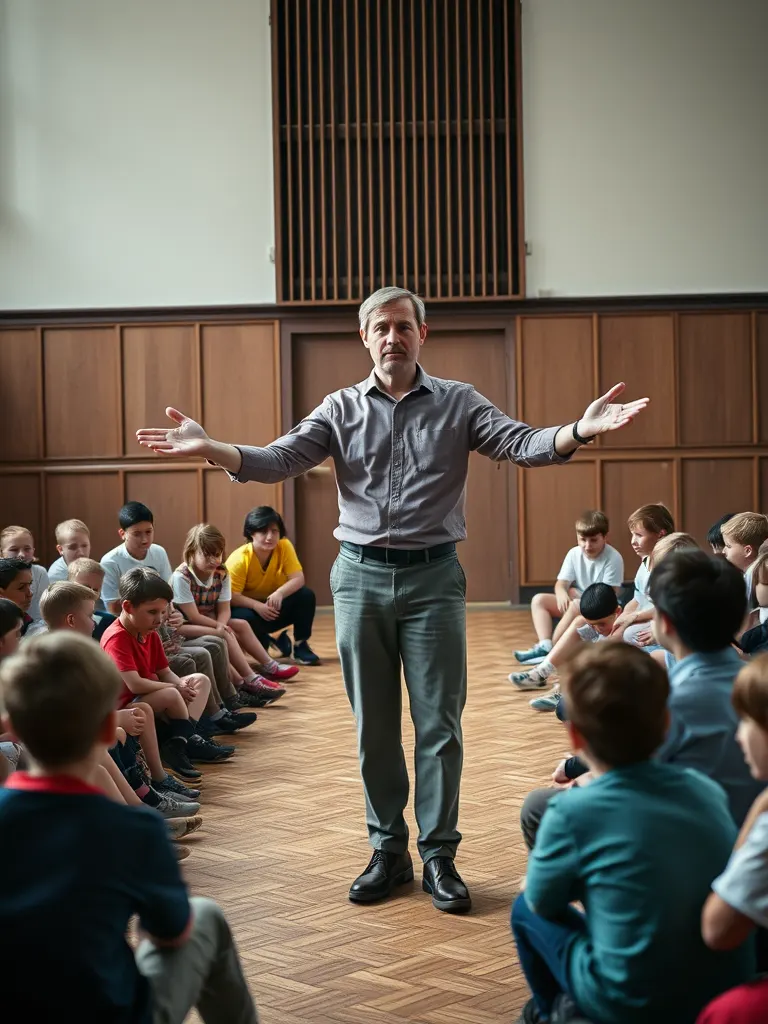 A person leading a workshop circle in a school hall