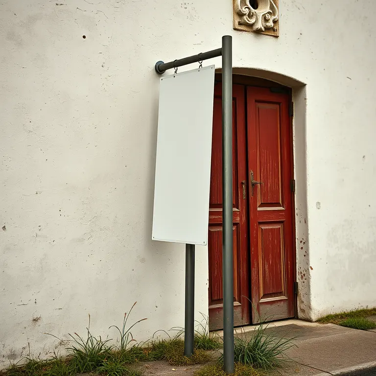 A single actor beside a bus stop sign propped against a chapel wall