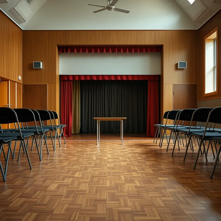 The set built on the floor of a primary school hall, chairs on three sides