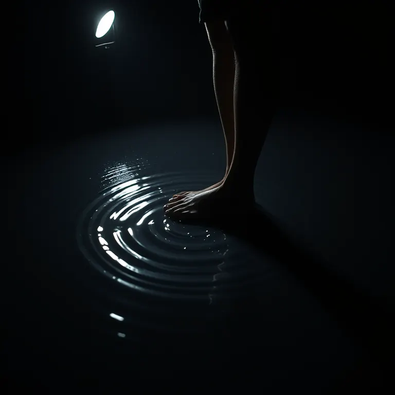 An actor standing in shallow water under a single work light