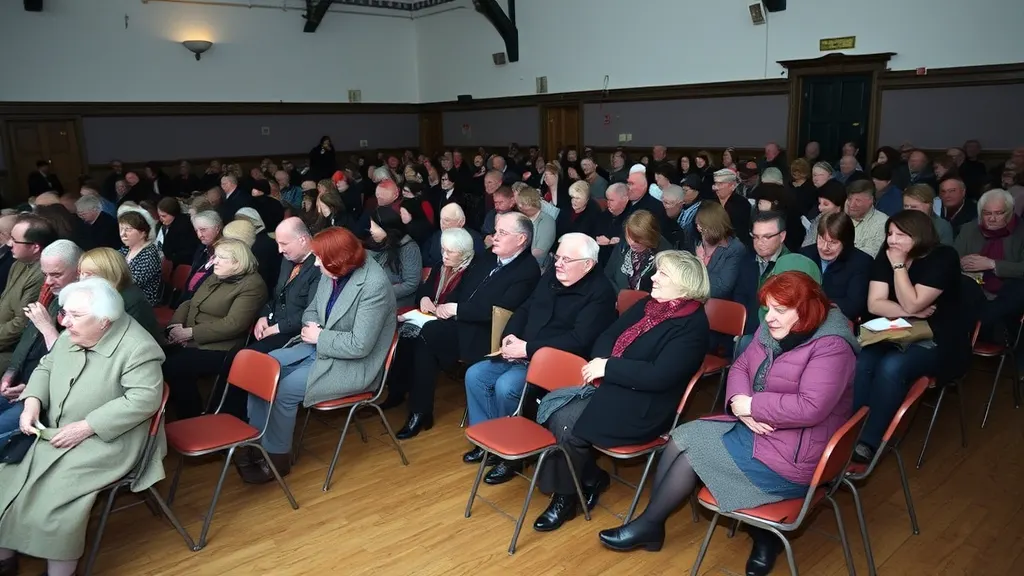 A full house of a hundred and eighty people on stacking chairs before the play starts